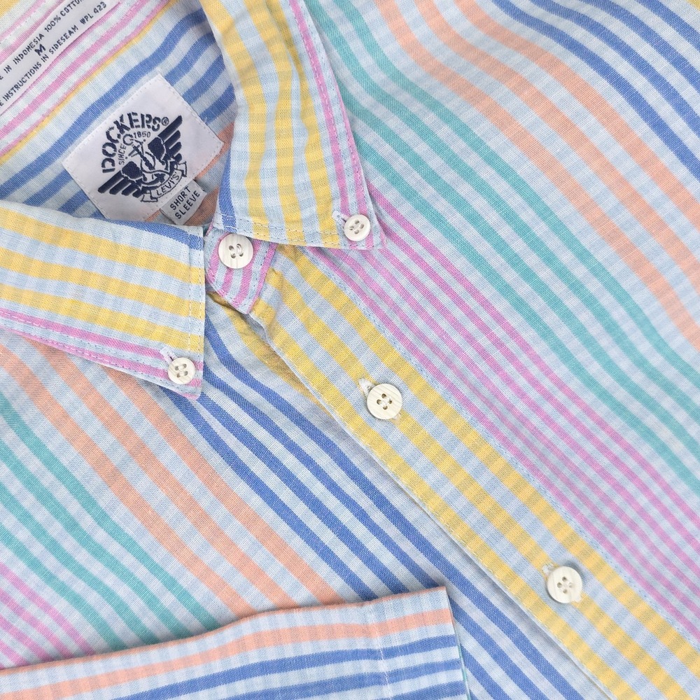 Dockers Shirt Mens Medium Colorful Pastel Stripe Short Sleeve Button Down Preppy